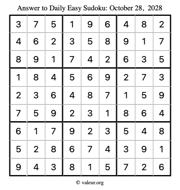 Answer to easy sudoku October 28, 2028