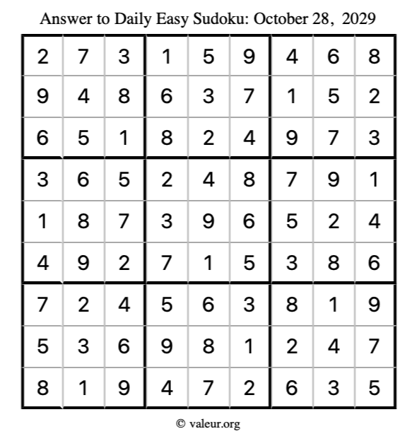 Answer to easy sudoku October 28, 2029