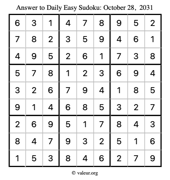 Answer to easy sudoku October 28, 2031
