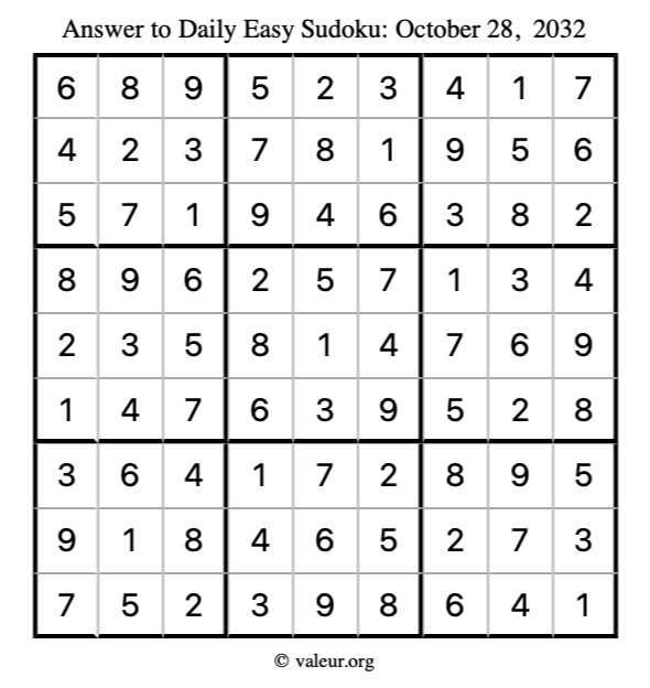 Answer to easy sudoku October 28, 2032