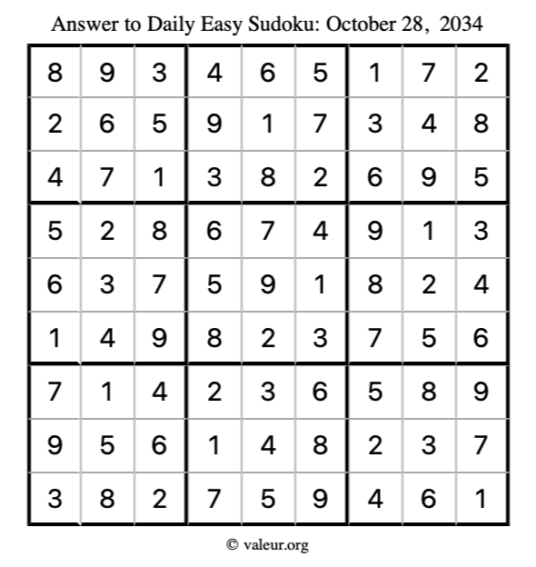 Answer to easy sudoku October 28, 2034
