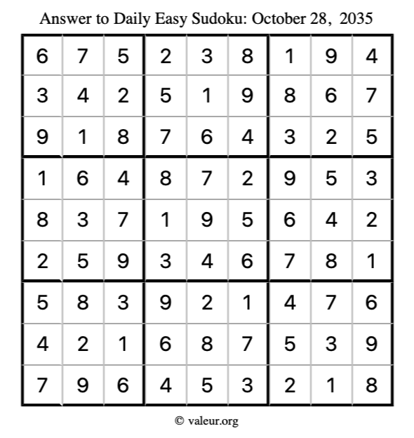 Answer to easy sudoku October 28, 2035
