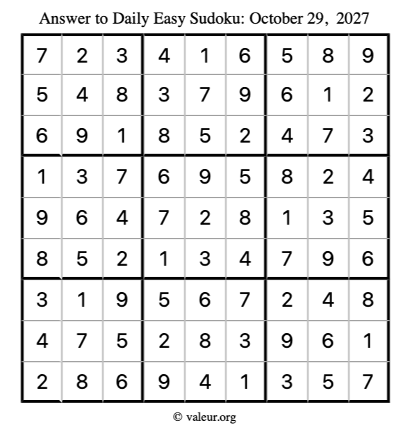 Answer to easy sudoku October 29, 2027