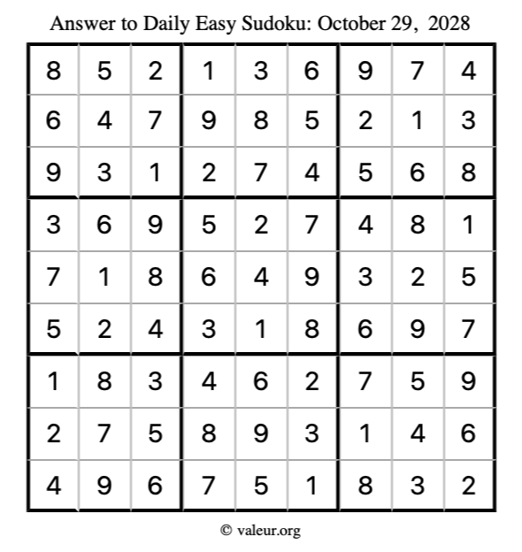Answer to easy sudoku October 29, 2028