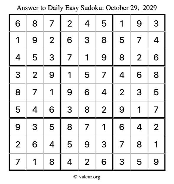 Answer to easy sudoku October 29, 2029