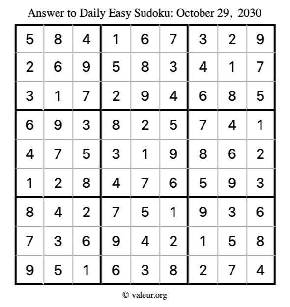 Answer to easy sudoku October 29, 2030