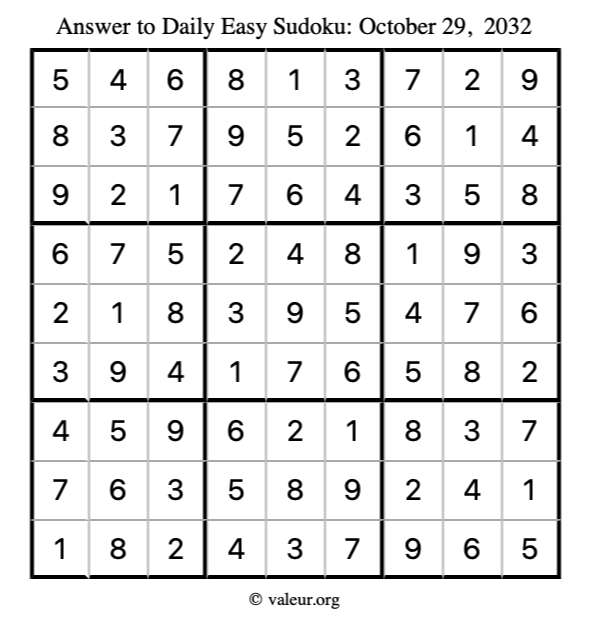 Answer to easy sudoku October 29, 2032