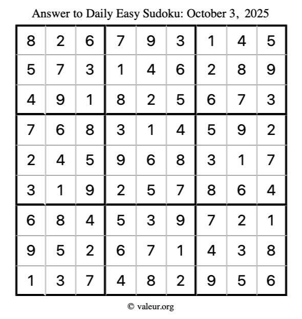 Answer to easy sudoku October 3, 2025