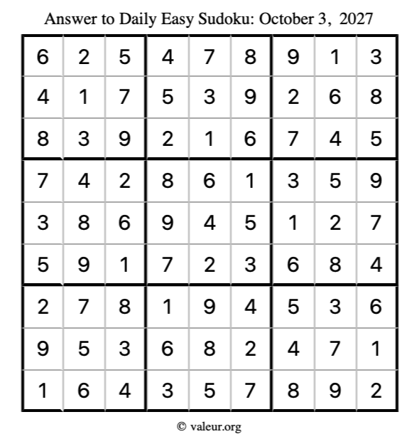 Answer to easy sudoku October 3, 2027