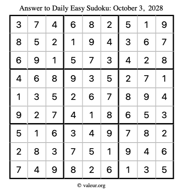 Answer to easy sudoku October 3, 2028