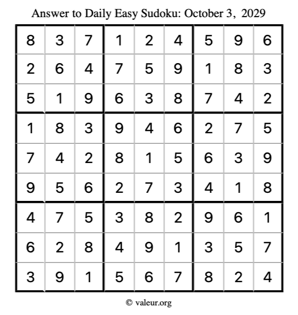 Answer to easy sudoku October 3, 2029