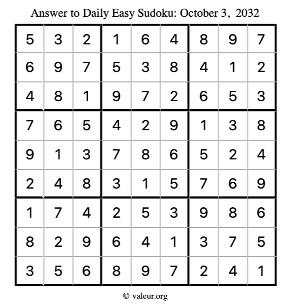 Answer to easy sudoku October 3, 2032