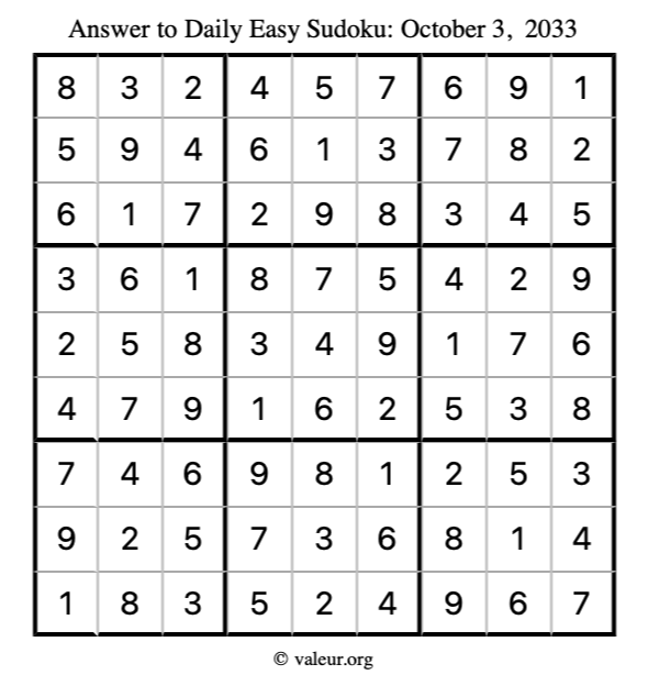Answer to easy sudoku October 3, 2033