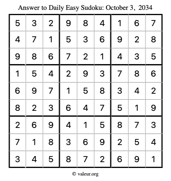 Answer to easy sudoku October 3, 2034