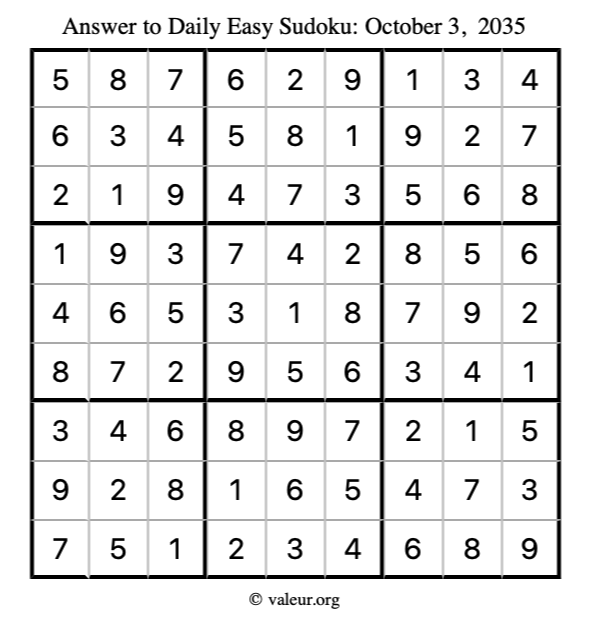 Answer to easy sudoku October 3, 2035