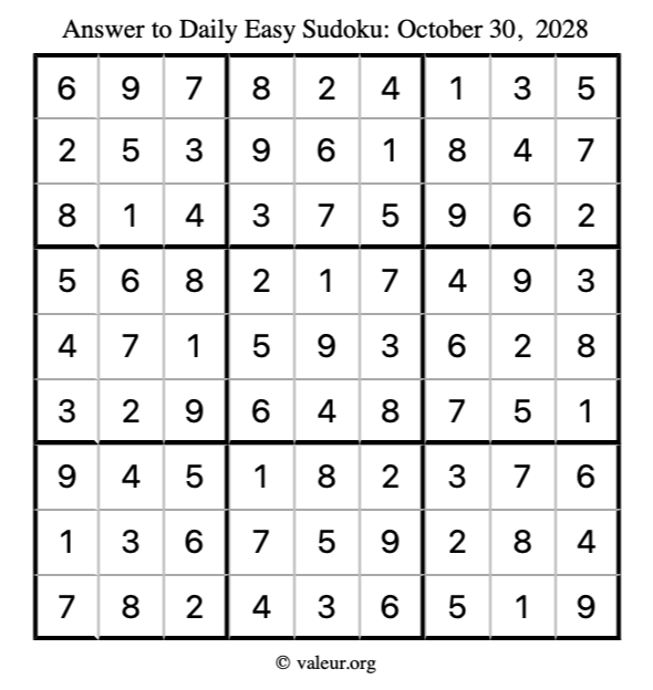 Answer to easy sudoku October 30, 2028