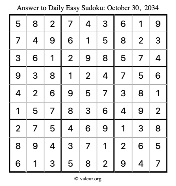 Answer to easy sudoku October 30, 2034
