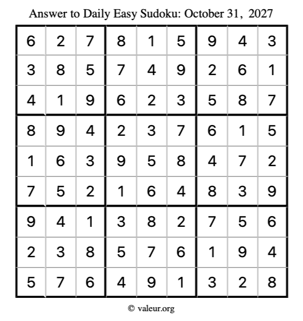 Answer to easy sudoku October 31, 2027
