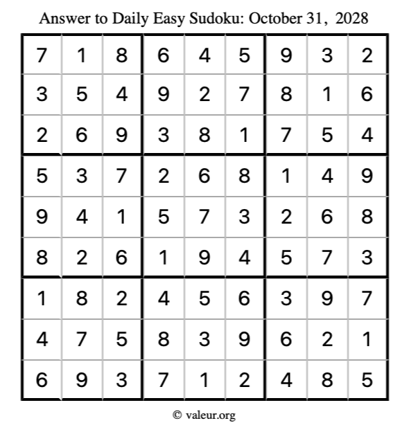 Answer to easy sudoku October 31, 2028