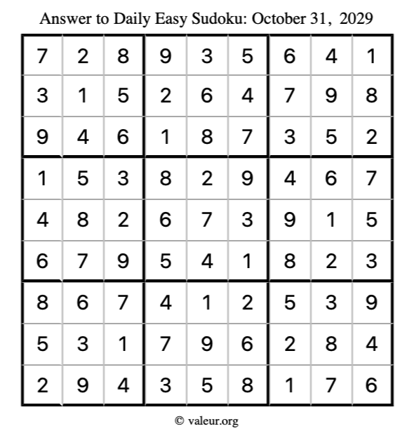 Answer to easy sudoku October 31, 2029