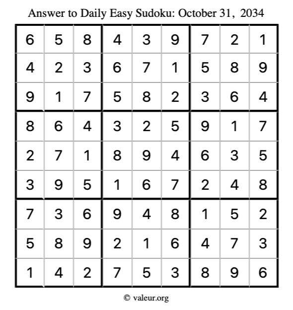 Answer to easy sudoku October 31, 2034