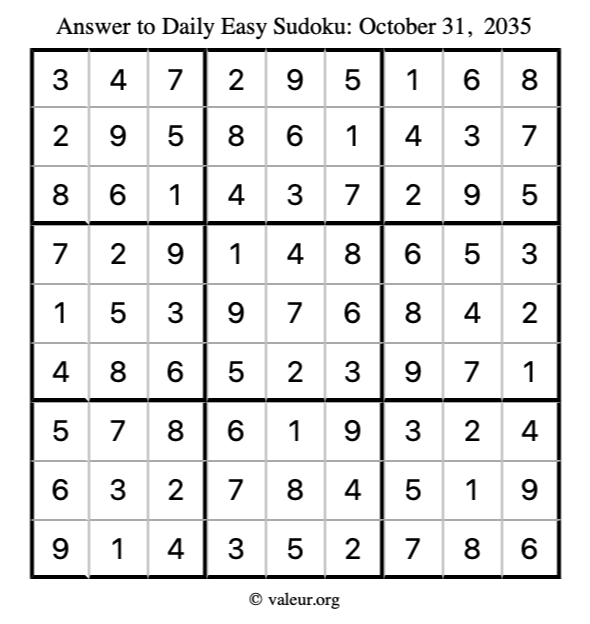 Answer to easy sudoku October 31, 2035