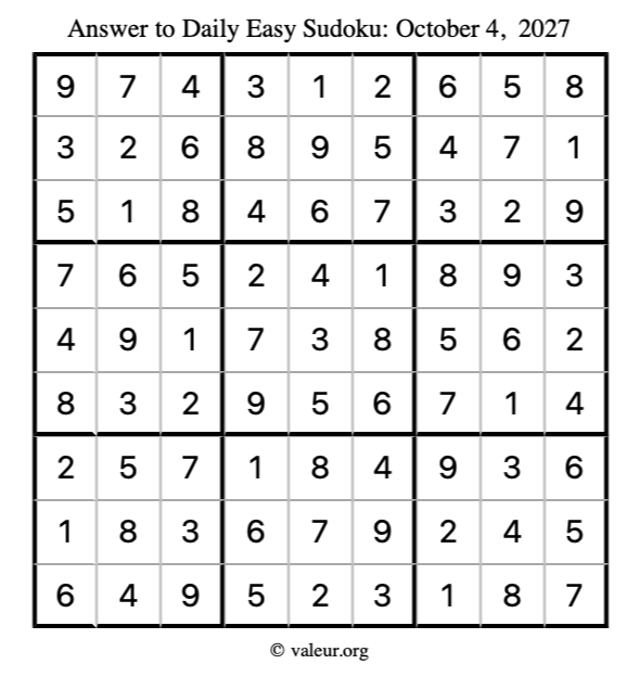 Answer to easy sudoku October 4, 2027