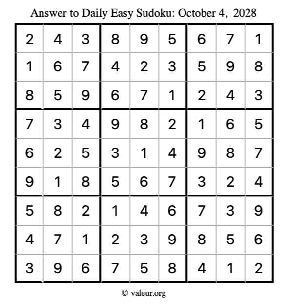 Answer to easy sudoku October 4, 2028