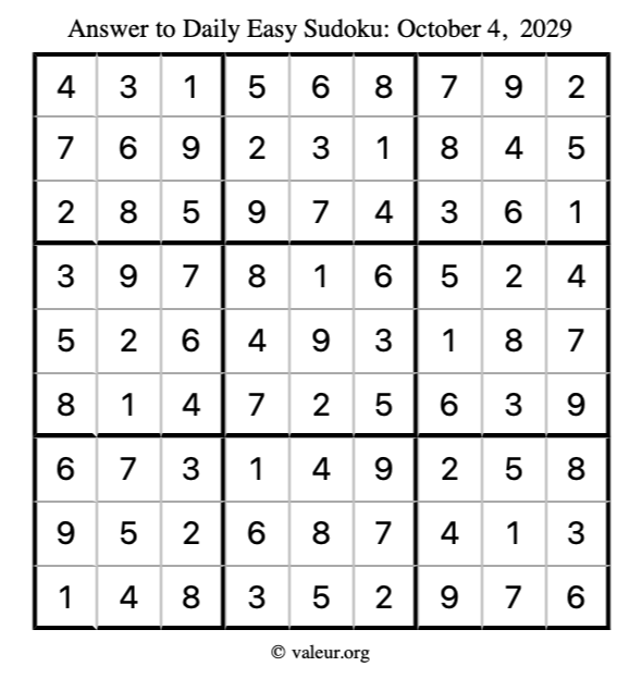 Answer to easy sudoku October 4, 2029