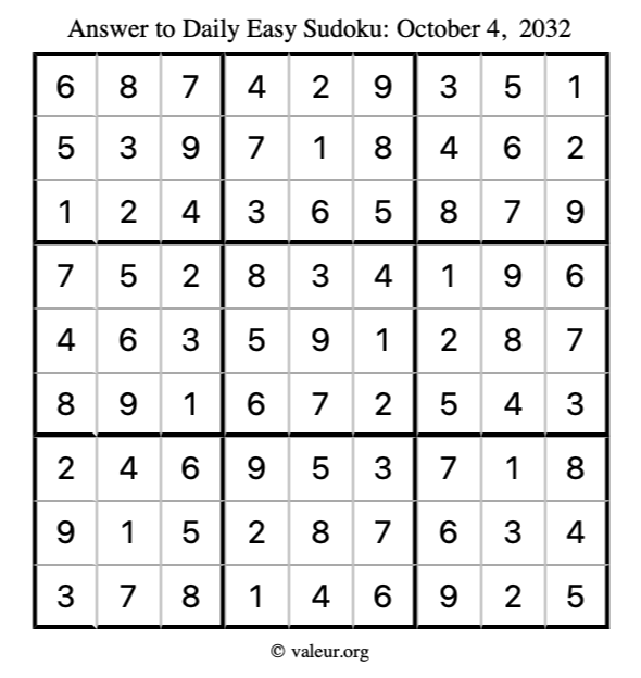 Answer to easy sudoku October 4, 2032