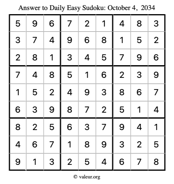 Answer to easy sudoku October 4, 2034