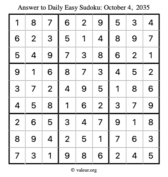 Answer to easy sudoku October 4, 2035