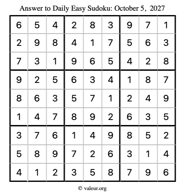Answer to easy sudoku October 5, 2027