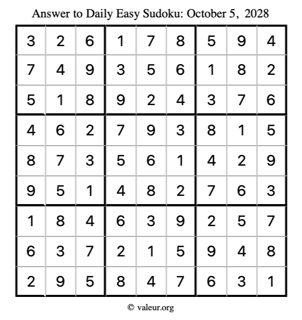 Answer to easy sudoku October 5, 2028