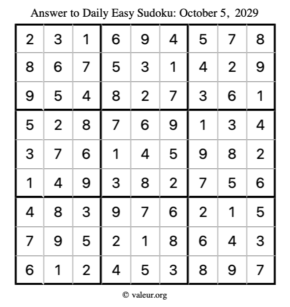 Answer to easy sudoku October 5, 2029