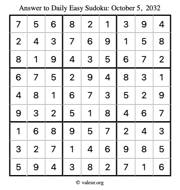 Answer to easy sudoku October 5, 2032