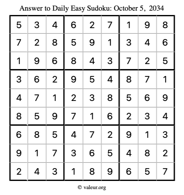 Answer to easy sudoku October 5, 2034