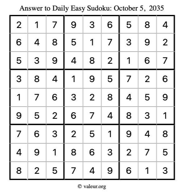 Answer to easy sudoku October 5, 2035