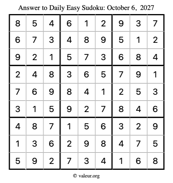 Answer to easy sudoku October 6, 2027