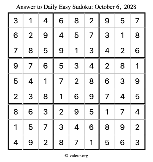 Answer to easy sudoku October 6, 2028
