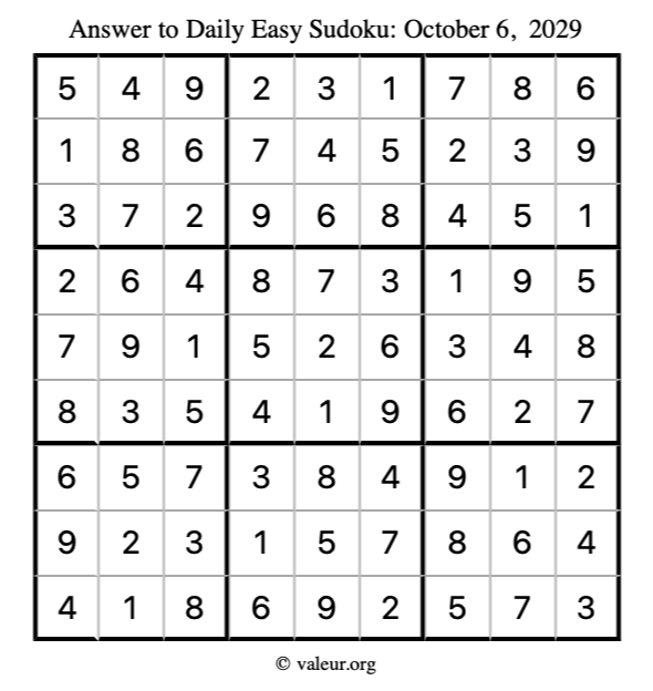 Answer to easy sudoku October 6, 2029