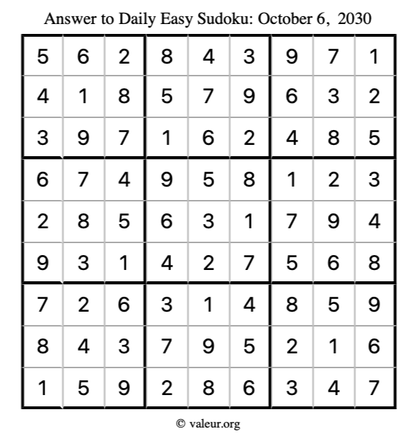 Answer to easy sudoku October 6, 2030