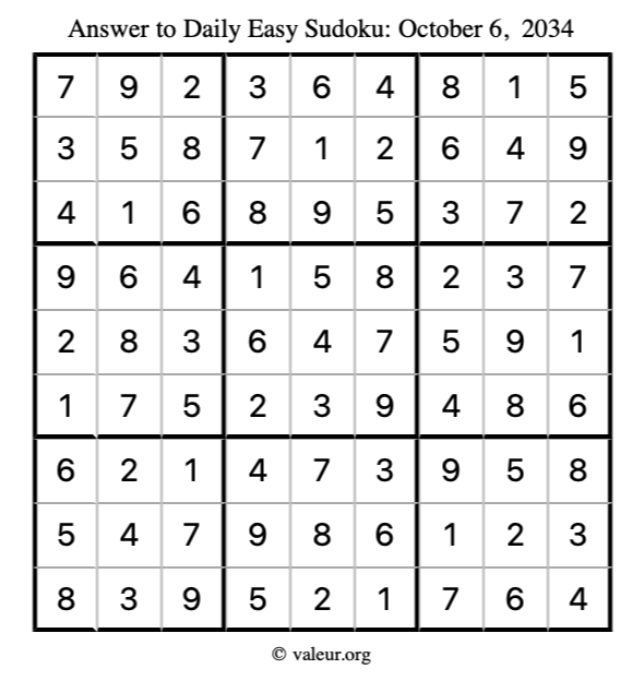 Answer to easy sudoku October 6, 2034