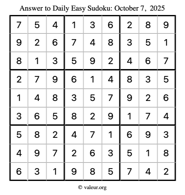Answer to easy sudoku October 7, 2025