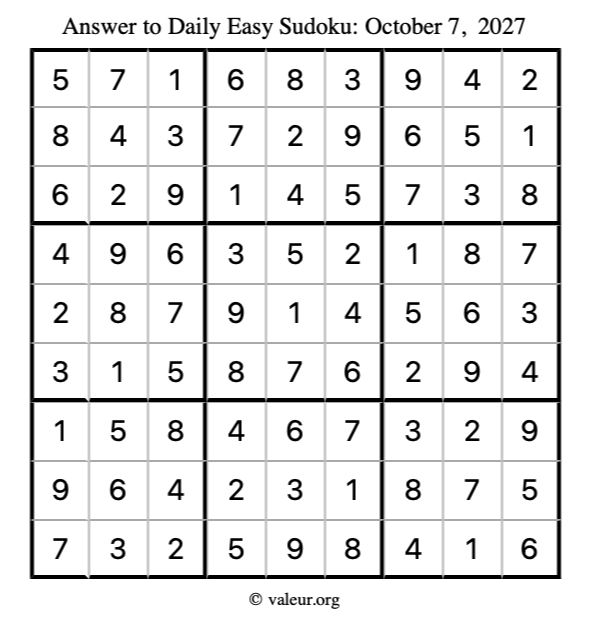 Answer to easy sudoku October 7, 2027