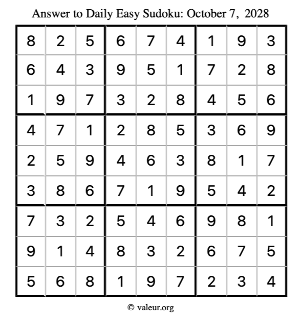 Answer to easy sudoku October 7, 2028
