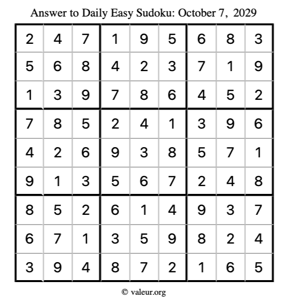 Answer to easy sudoku October 7, 2029