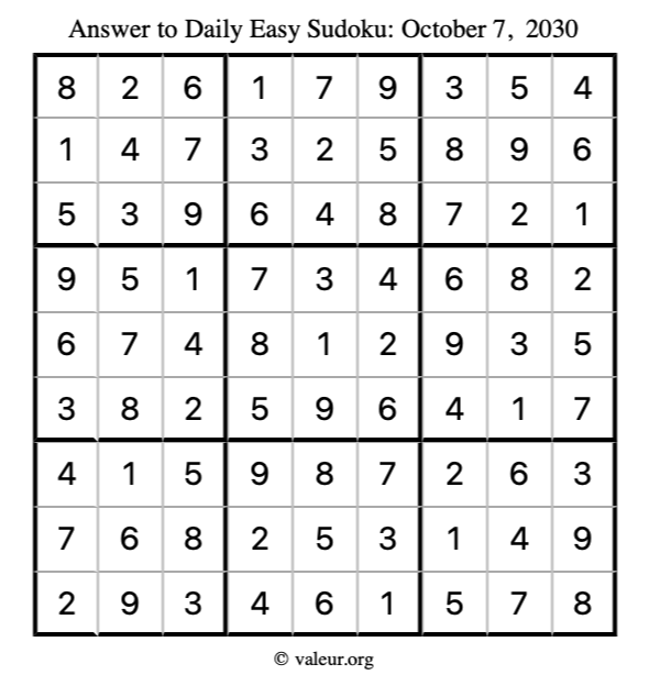 Answer to easy sudoku October 7, 2030