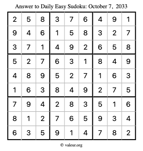 Answer to easy sudoku October 7, 2033