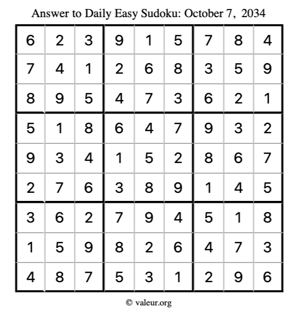 Answer to easy sudoku October 7, 2034